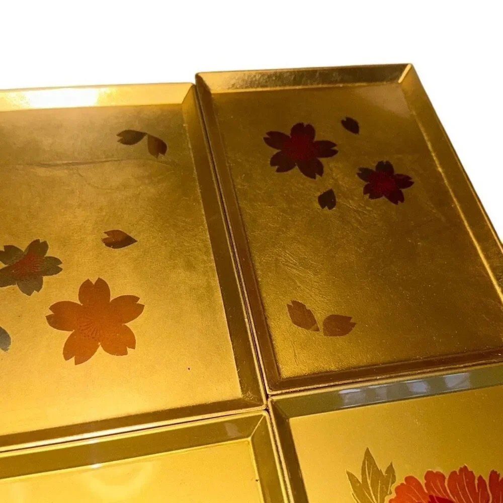 Set 8 VTG Handcrafted OTAGIRI Original Trays -Japan-Blk Lacquer W/Gold/Flora